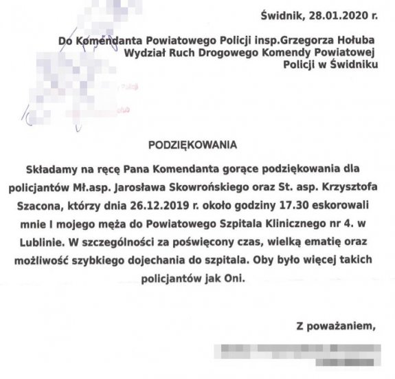 Podziękowanie dla policjantów