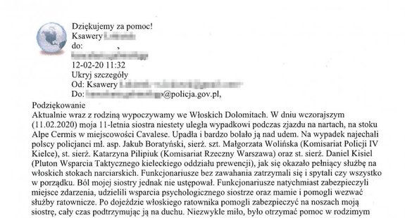 Podziękowania od brata 11-latki dla polskich policjantów patrolujących stoki narciarskie we włoskich Alpach