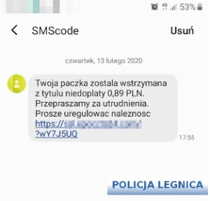 zdjęcie przedstawia wiadomość przesłaną przez oszustów z informacją dotyczącą uregulowania płatności za przesyłkę