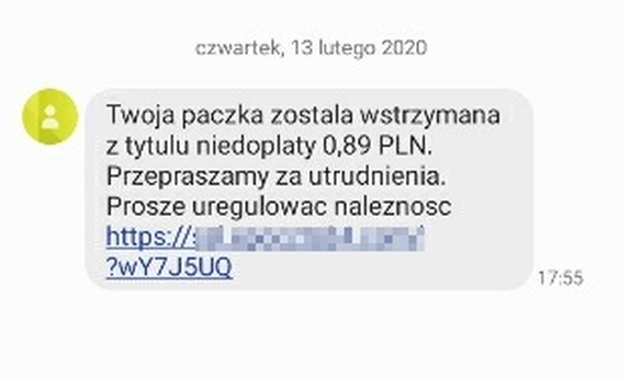 zdjęcie przedstawia wiadomość przesłaną przez oszustów z informacją dotyczącą uregulowania płatności za przesyłkę