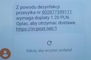 zrzut ekranu z wiadomością sms od oszustów