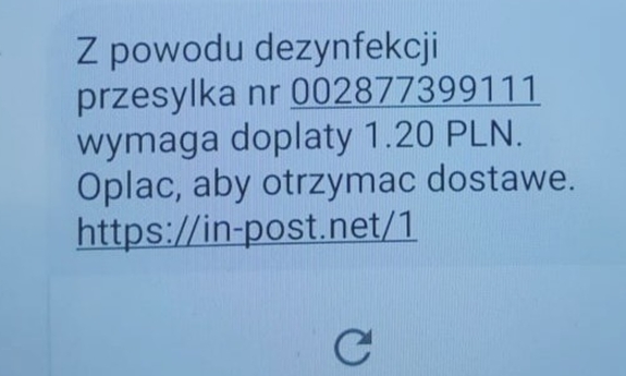 zrzut ekranu z wiadomością sms od oszustów