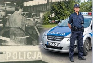 Na zdjęciu policjant przed radiowozem dawniej i policjantka dzisiaj