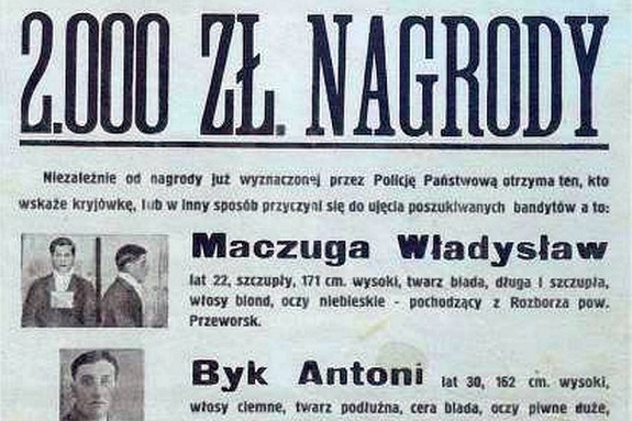 fragment publikacji w ówczesnej gazecie na temat nagrody w wysokości 2000 zł wyznaczonej przez policję za wskazanie miejsca ukrywania się Maczugi Władysława i Byka Antoniego