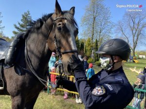 policjant stoi przy koniu słuzbowym