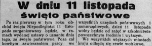wycinek z gazety informujący o ustanowienia święta niepodległości 11 listopada