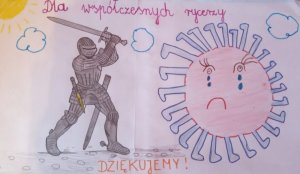rysunek przedstawia rycerza walczącego z koronawirusem
