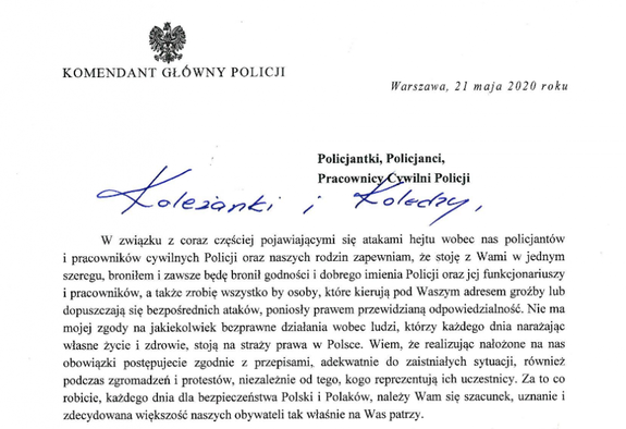 list Komendanta Głównego Policji do policjantów i pracowników Policji