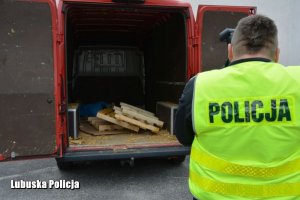 Policjant z aparatem na tle czerwonego busa