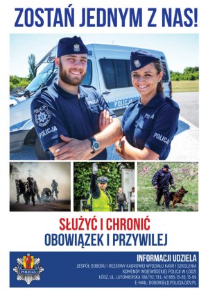 Plakat z Napisem Zostań jednym z nas, na którym widnieje policjant i policjantka przy radiowozie