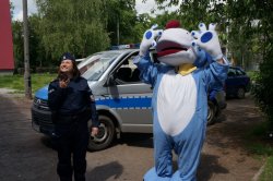 policjantka w mundurze,  Sznupek - maskotka śląskiej Policji i radiowóz