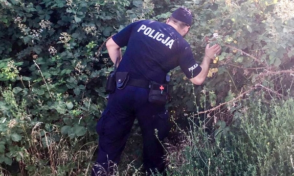 policjant w trakcie poszukiwań w zaroślach