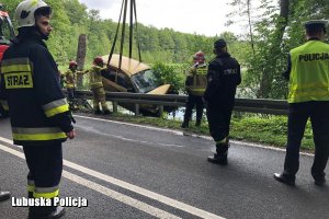 służby wyciągają pojazd ze stawu