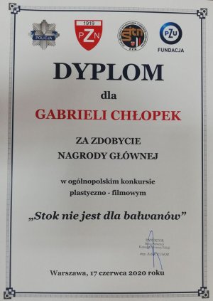 Dyplom dla Gabrieli Chłopek za zdobycie I miejsca w konkursie