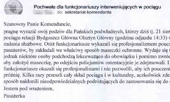 podziękowania dla policjantów od pasażerki napisane mailem