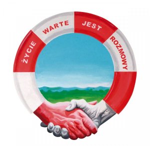 Biało czerwone koło ratunkowe z napisem: Życie warte jest rozmowy