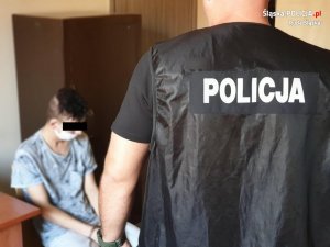 zdjęcie przestawia policjanta kryminalnego odwróconego plecami oraz siedzącego zatrzymanego