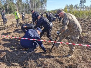 Komendant Wojewódzki Policji w Gdańsku oraz funkcjonariusze innych służb w trackie zalesiania.