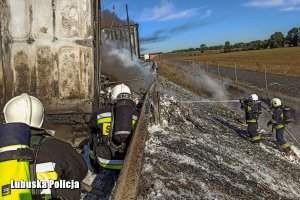 Policjanci w strażackich ubraniach w trakcie akcji gaśniczej na drodze S3