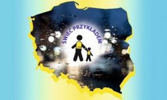 mapa Polski na środku napis: świeć przykładem, dwa ludziki w kamizelkach odblaskowych