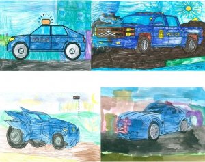 cztery rysunku wykonane przez dzieci, przedstawiające wozy policyjne