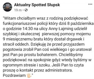 treść podziękowań dla policjanta na lokalnym portalu internetowym Aktualny Spotted Słupsk. Treść dostępna cyfrowo w załączniku pod tekstem.