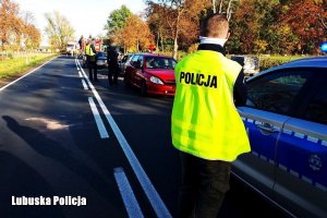 policjant przygląda się miejscu zdarzenia drogowego stojąc obok radiowozu, w tle inne pojazdy i ludzie stojący obok nich