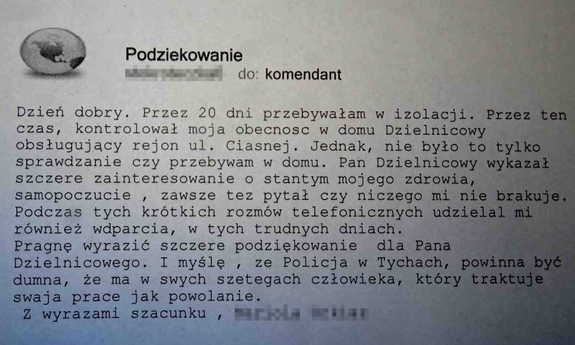 zdjęcie podziękowań dla dzielnicowego. treść podziękowań zawarta jest w tekście