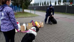 Przewodnik z psem służbowym oraz pracownica miejskiego schroniska z podopiecznym ze schroniska, widoczne także zebrane dary.