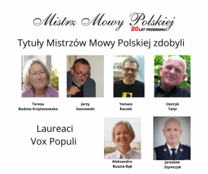 Mistrz Mowy Polskiej logo konkursu i zdjęcia uczestników
