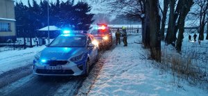 pojazdy policji i ochotniczej straży pożarnej na poboczu drogi przy zbiorniku wodnym