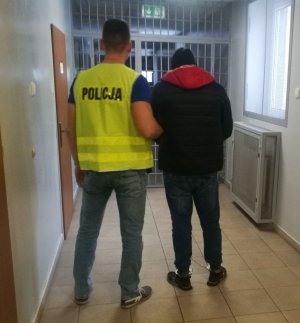 w areszcie policjant ubrany w kamizelkę odblaskowa z napisem POLICJA prowadzi zatrzymanego który ma założone kajdanki na ręce trzymane z przodu oraz na stopy, z prawej strony widać kratę na oknie, z lewej drzwi do pomieszczeń&quot;&gt;