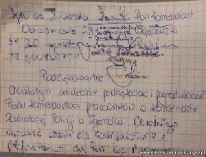 zdjęcie podziękowań, które wpłynęły na ręce komendanta powiatowego policji w Zgorzelcu. Treść podziękowań zawarta została w tekście artykułu.