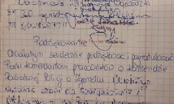 zdjęcie podziękowań, które wpłynęły na ręce komendanta powiatowego policji w Zgorzelcu. Treść podziękowań zawarta została w tekście artykułu.