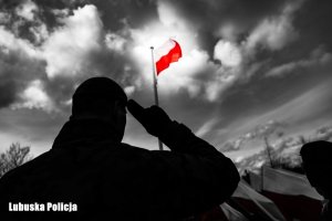 Żołnierz salutuje do biało - czerwonej flagi