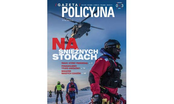 Okładka numeru marcowego Gazety Policyjnej z białymi i czerwonymi napisami: Gazeta Policyjna, Niech prawo zawsze prawo znaczy, www.gazeta.policja.pl, nr3 (3). Na śnieżnych stokach. Świat, który przeminął s.4. Poszukujemy tylko aniołów? s.14. Bohater naszych czasów s.48. 
W tle widoczny jest policyjny śmigłowiec, służby ratownicze: TOPR i policjanci.