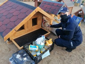 drewniana buda dla psa stoi na ziemi, obok worki i puszki z karmą, przy budzie kuca policjantka, która głaszcze małego pieska