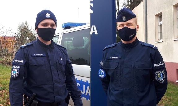 Dwaj umundurowani policjanci. Zdjęcie podzielone na dwie części.