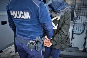 umundurowany policjant prowadzi do policyjnego radiowozu zatrzymanego mężczyznę, który na ręce trzymane z tyłu ma założone kajdanki - widok z tyłu