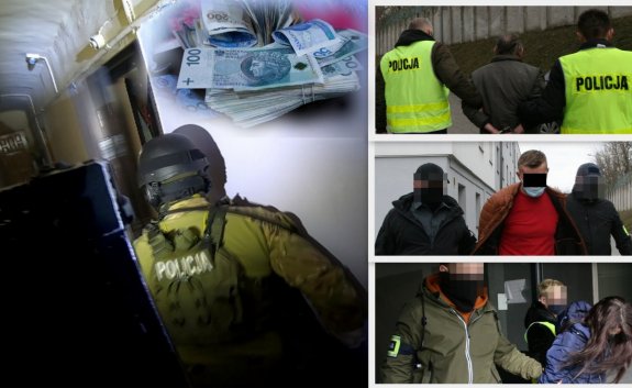 Kolaż zdjęć na którym znajdują się policjanci oraz prowadzone przez nich zatrzymane osoby.