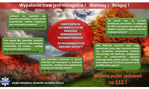 grafika z przepisami dotyczącymi wypalania traw: Na górze napis: Wypalanie traw jest nielegalne! Alarmuj! Reaguj!