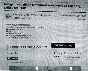 zdjęcie ogłoszenia informującego o sprzedaży szczepionek
