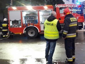 Zdjęcie kolorowe, na którym widać wóz strażacki oraz policjanta i strażaka