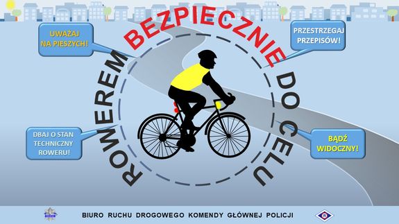 plakat przedstawiający rowerzystę jadącego na rowerze z napisem &amp;quot;Rowerem bezpiecznie do celu&amp;quot; i zasadami bezpieczeństwa