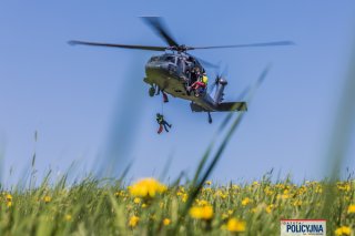 Policyjny Black Hawk w zawisie nad łąką, na linach zjeżdżają ratownicy GOPR.