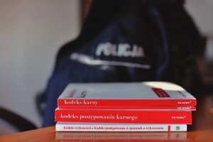 kodeksy leżące na stole, z tyłu widoczna rozmazana bluza z napisem Policja