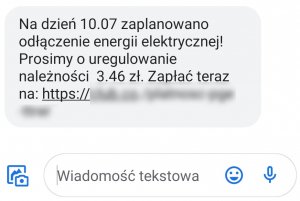 wiadomość SMS z prośbą o dopłatę za prąd - zawartość cyfrowa dostępna w tekście