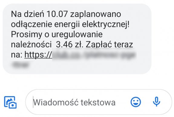 wiadomość SMS z prośbą o dopłatę za prąd - zawartość cyfrowa dostępna w tekście