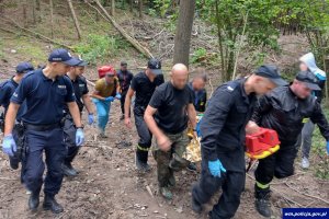 Uczestnicy poszukiwań niosą na noszach odnalezionego zaginionego mężczyznę