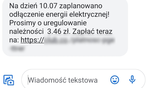 wiadomość sms z prośbą o uiszczenie zapłaty za prąd
